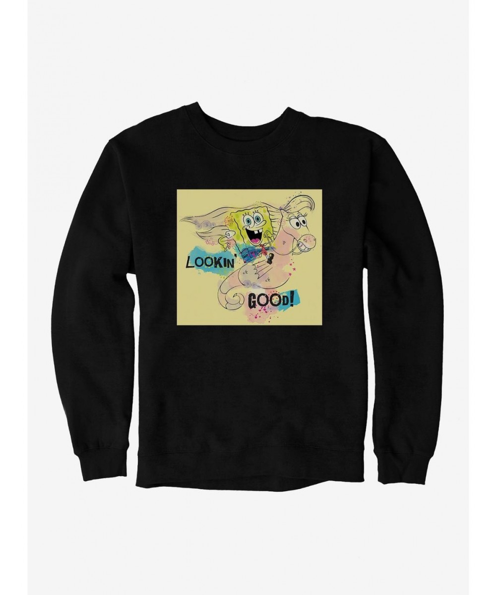 Festival Price SpongeBob SquarePants Lookin' Good Seahorse Ride Sweatshirt $13.28 Sweatshirts